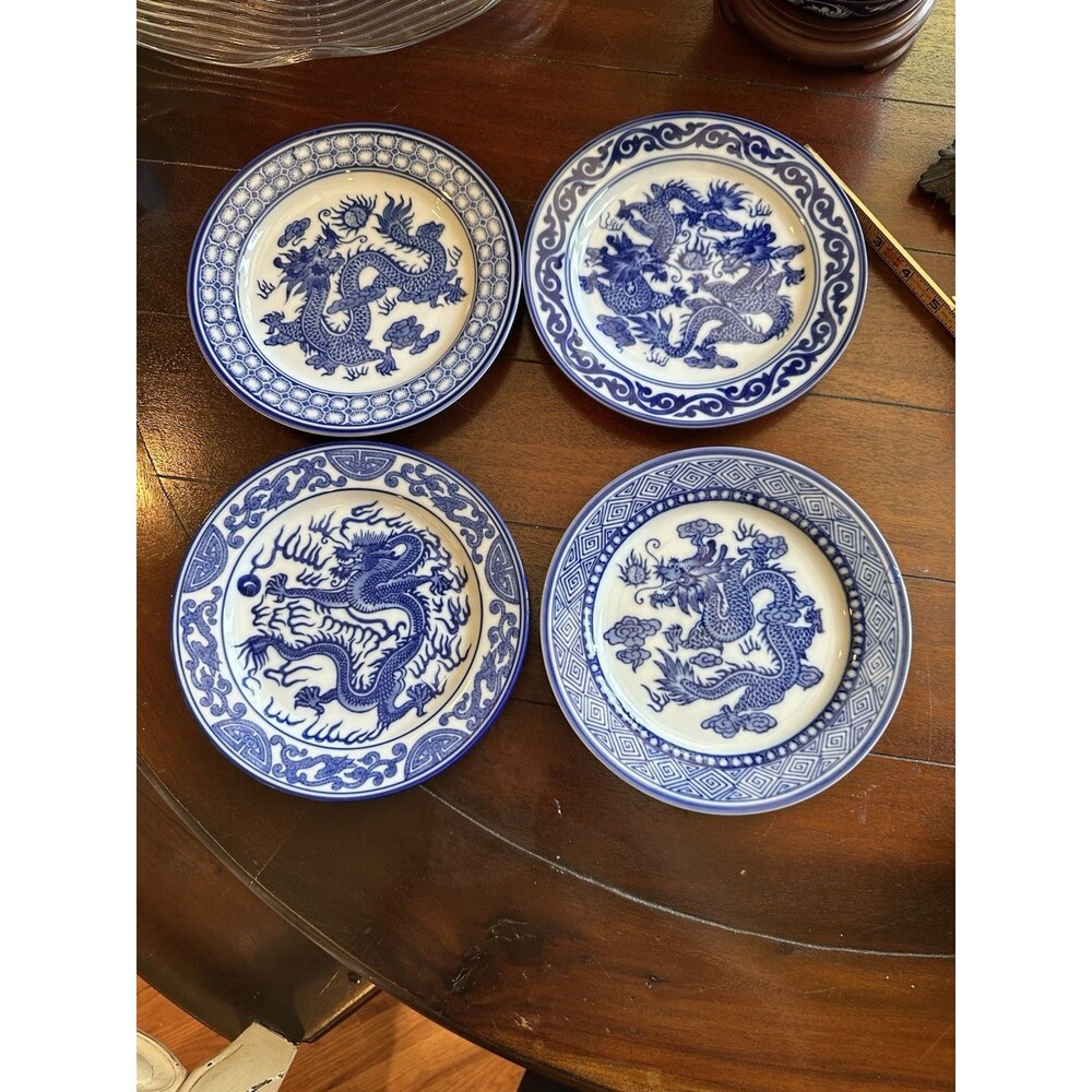 Blue & White China Dragon Motif Plates Bombay Asian Garden Pattern Set Of 4